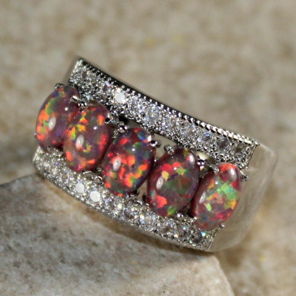 Orange Fire Opal 5 Stone Silver Ring